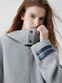 Grey Zip Up Plaid Accent Hoodie — vista posteriore