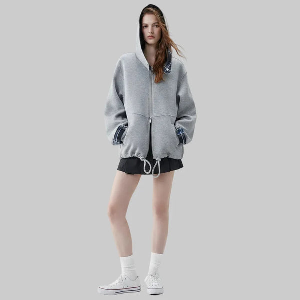 Grey Zip Up Plaid Accent Hoodie — vista frontale