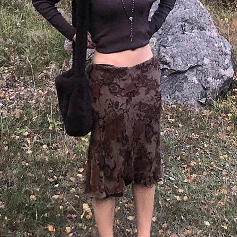 Grunge Brown Mesh Low Waist Midi Skirts — dettaglio della stampa