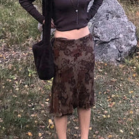 Grunge Brown Mesh Low Waist Midi Skirts — dettaglio della stampa