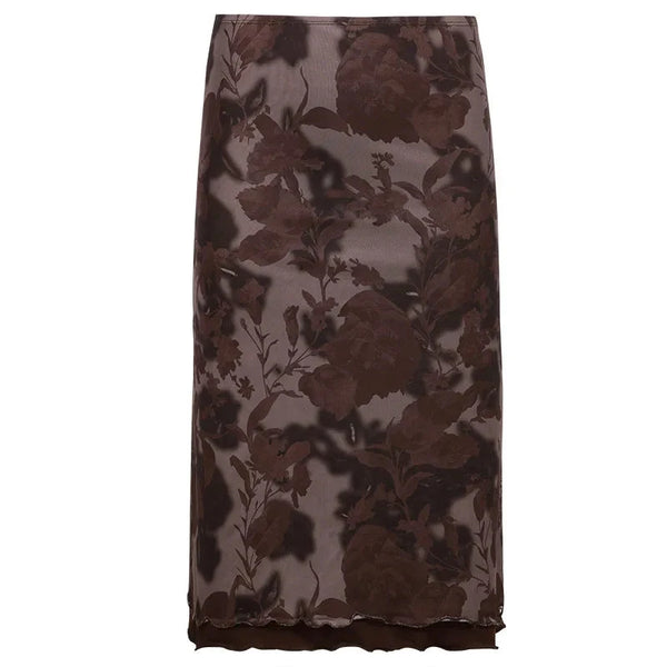 Grunge Brown Mesh Low Waist Midi Skirts — vista frontale