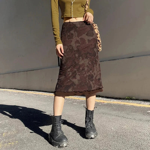 Y2K Grunge Brown Mesh Low Waist Midi Skirts