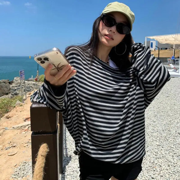 Y2K Grunge Off Shoulder Striped Long Sleeve Top
