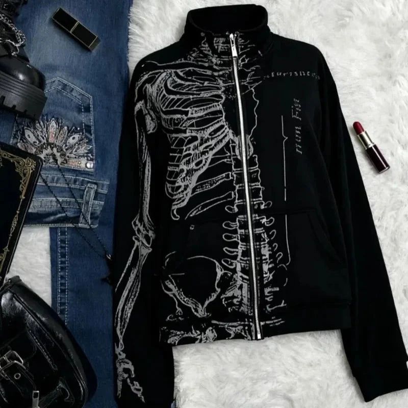 Grunge Skeleton Print Graphic Zip Up Jacket — vista posteriore