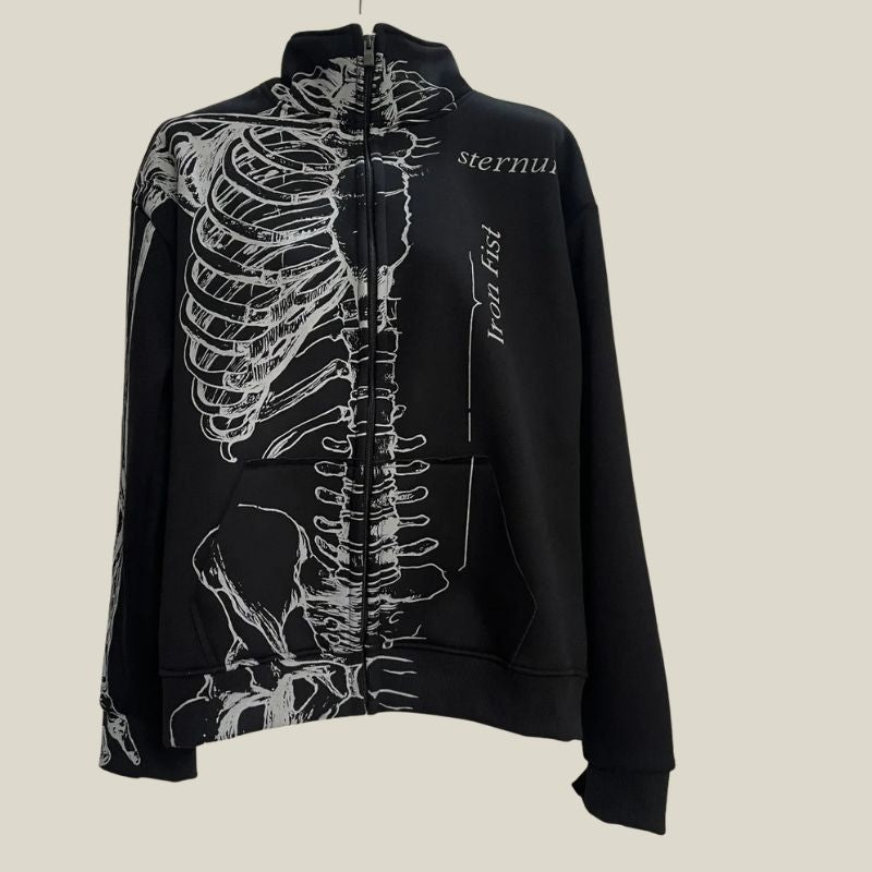 Grunge Skeleton Print Graphic Zip Up Jacket — dettaglio della stampa