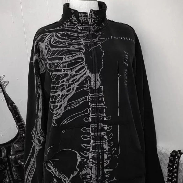 Grunge Skeleton Print Graphic Zip Up Jacket — vista frontale