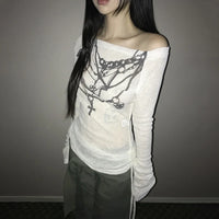 Hanging Chains Airy Long Sleeve Graphic Off Shoulder Top — dettaglio