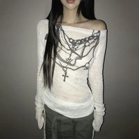 Hanging Chains Airy Long Sleeve Graphic Off Shoulder Top — vista frontale