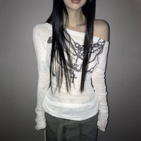 Hanging Chains Airy Long Sleeve Graphic Off Shoulder Top — vista posteriore
