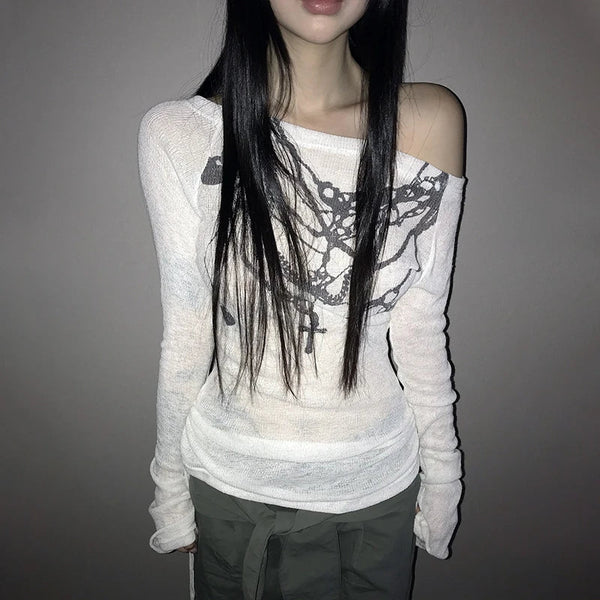 Y2K Hanging Chains Airy Long Sleeve Graphic Off Shoulder Top