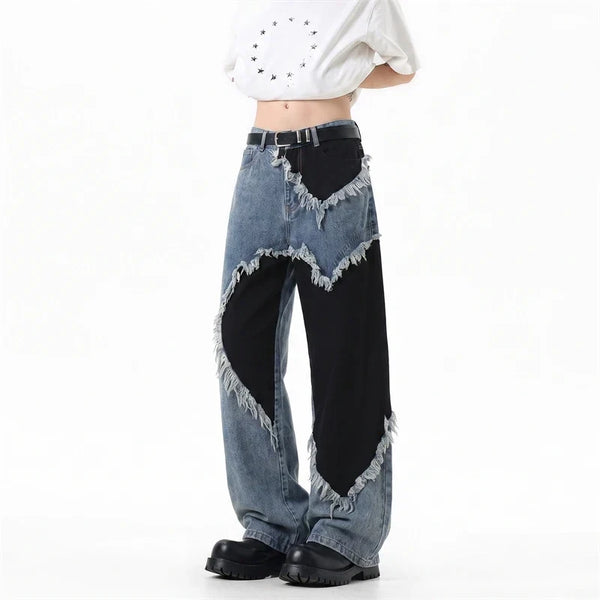 Y2K Heart Patchwork Washed Raw Edge Wide Leg Denim Jeans