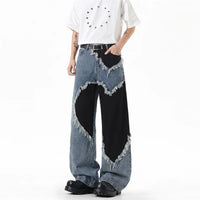 Heart Patchwork Washed Raw Edge Wide Leg Denim Jeans — dettaglio