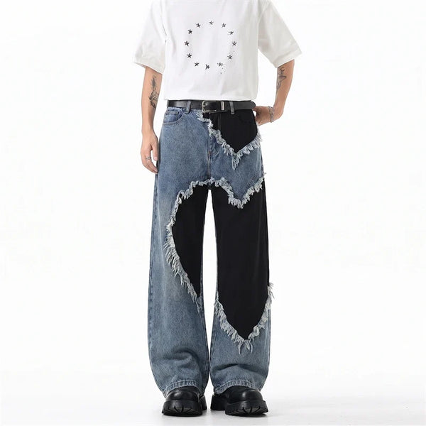 Heart Patchwork Washed Raw Edge Wide Leg Denim Jeans — vista frontale