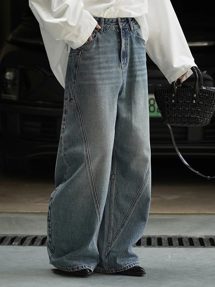 High Waist Blue Denim Irregular Spliced Barrel Jeans — dettaglio