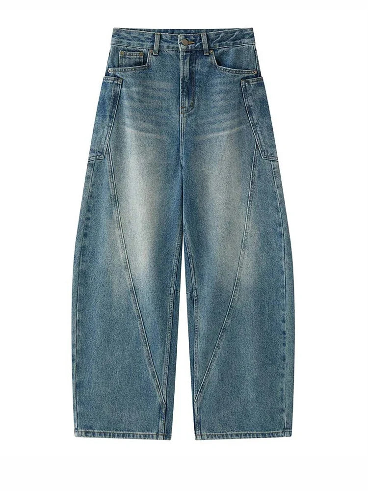 High Waist Blue Denim Irregular Spliced Barrel Jeans — vista frontale