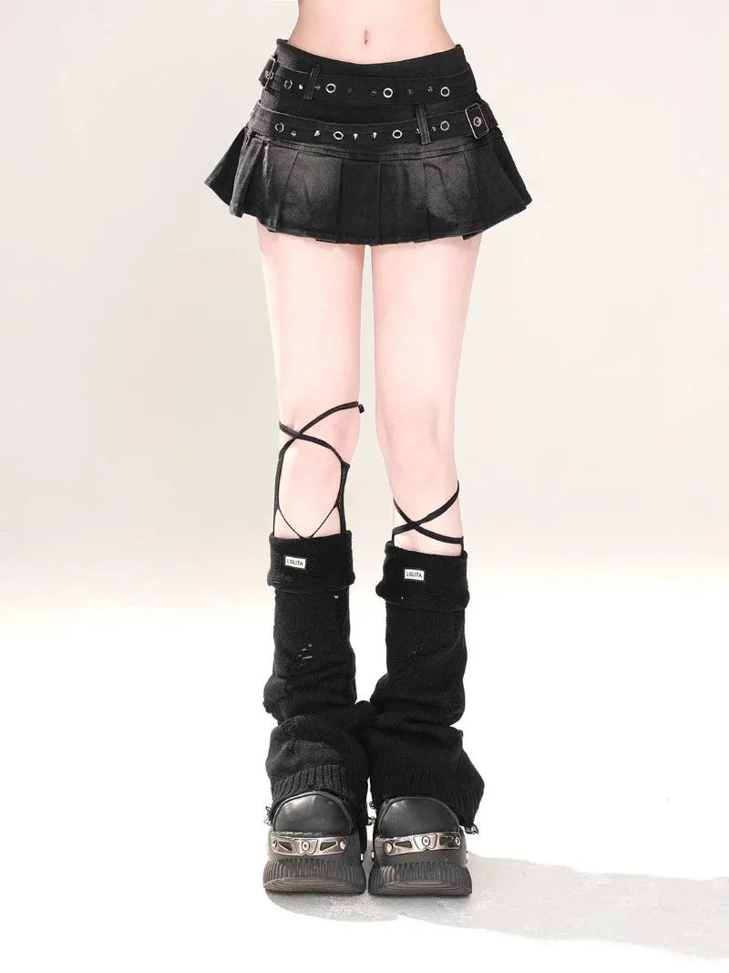 High Waist Double Belt Pleated Denim Micro Mini Skirt — in alternativa
