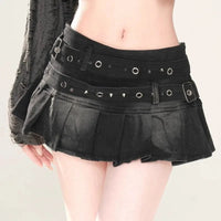 High Waist Double Belt Pleated Denim Micro Mini Skirt — vista posteriore