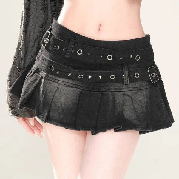 Y2K High Waist Double Belt Pleated Denim Micro Mini Skirt