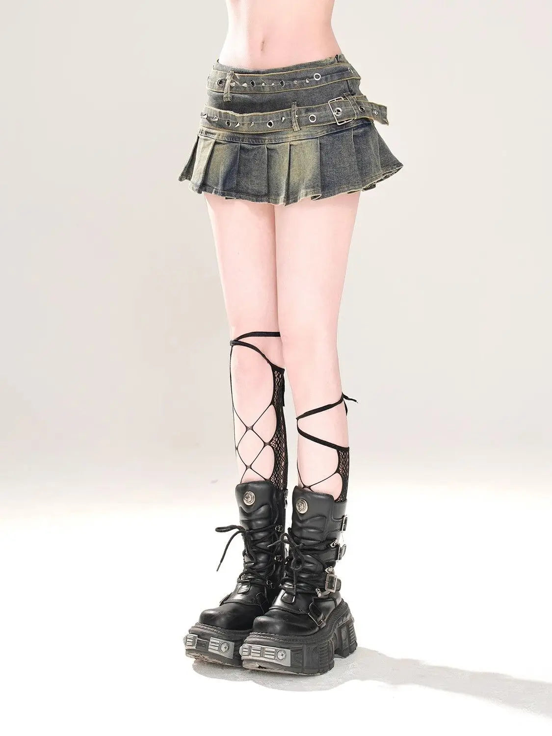 High Waist Double Belt Pleated Denim Micro Mini Skirt — dettaglio della stampa