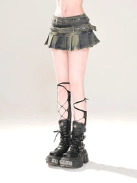 High Waist Double Belt Pleated Denim Micro Mini Skirt — dettaglio della stampa