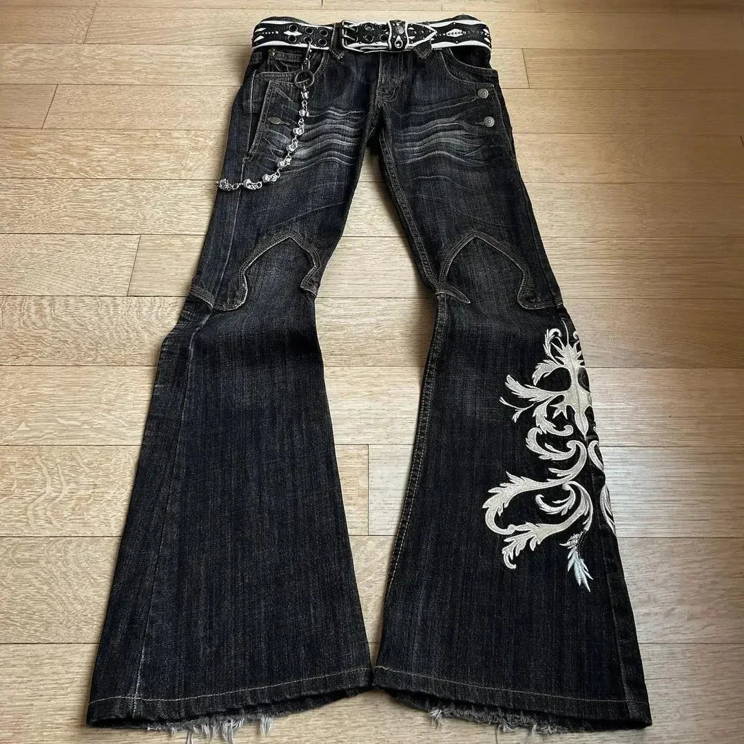High Waist Embroidered Grunge Flared Jeans — vista posteriore