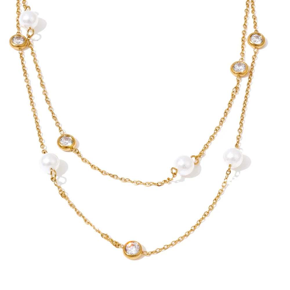 Imitation Pearls Zirconia Layered Chain Necklace — vista frontale