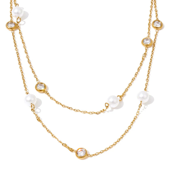 Imitation Pearls Zirconia Layered Chain Necklace — vista frontale