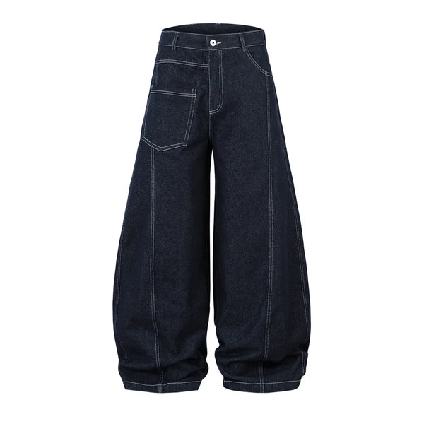 Irregular Spliced Stitch Baggy Curved Barrel Jeans — vista frontale