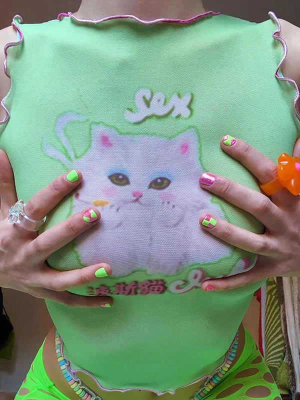 Kawaii Cat Print Sleeveless Mesh Tank Top — vista frontale