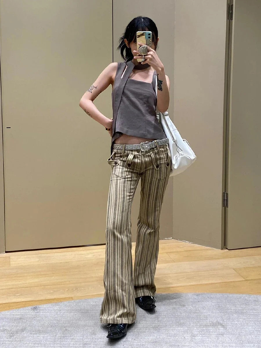Khaki Striped Boot Cut Flare Jeans — vista laterale