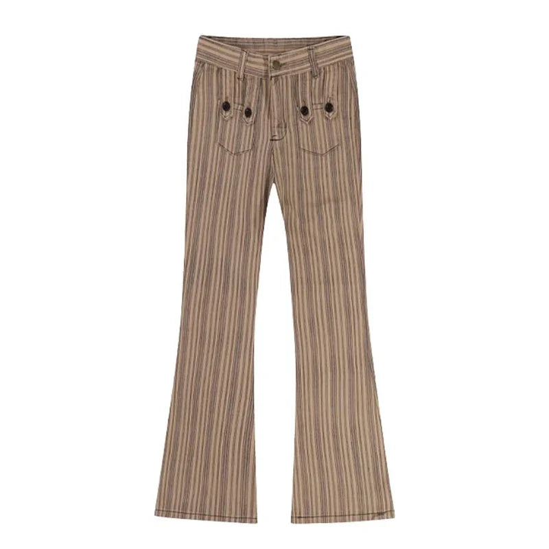 Khaki Striped Boot Cut Flare Jeans — vista frontale