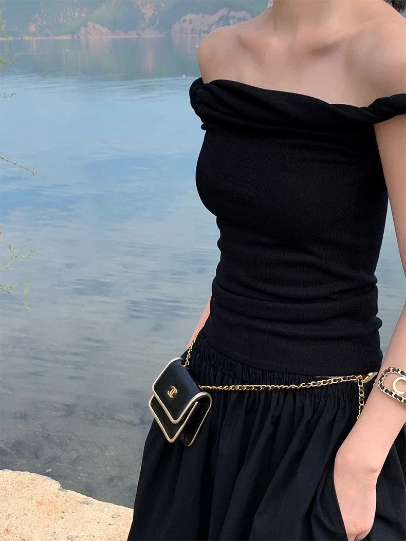 Kink Off Shoulder Slim Crop Top — vista frontale