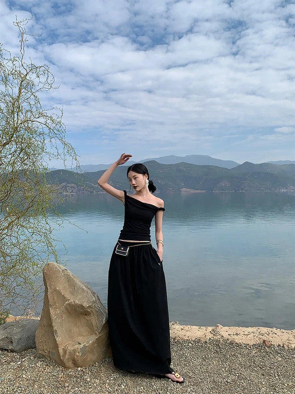 Kink Off Shoulder Slim Crop Top — vista frontale