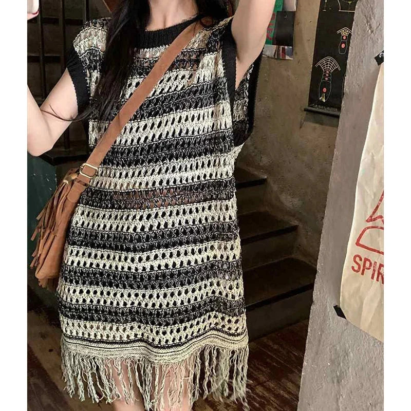 Knitted Cowl Hollow Out Tassel Sweater — dettaglio della stampa