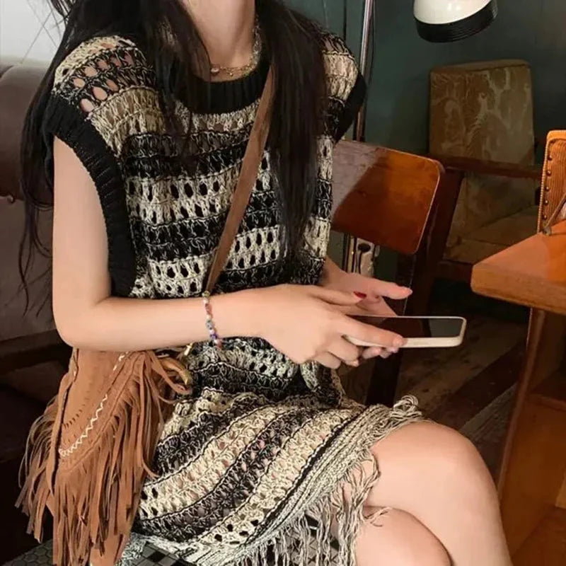 Knitted Cowl Hollow Out Tassel Sweater — vista posteriore