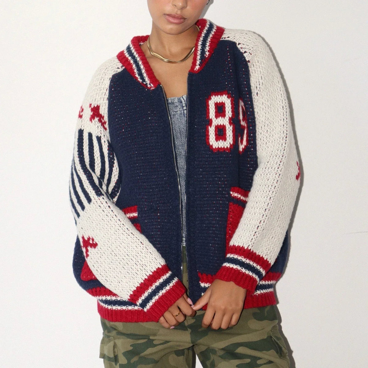 Knitted Zip Up Varsity Jacket Sweater — dettaglio