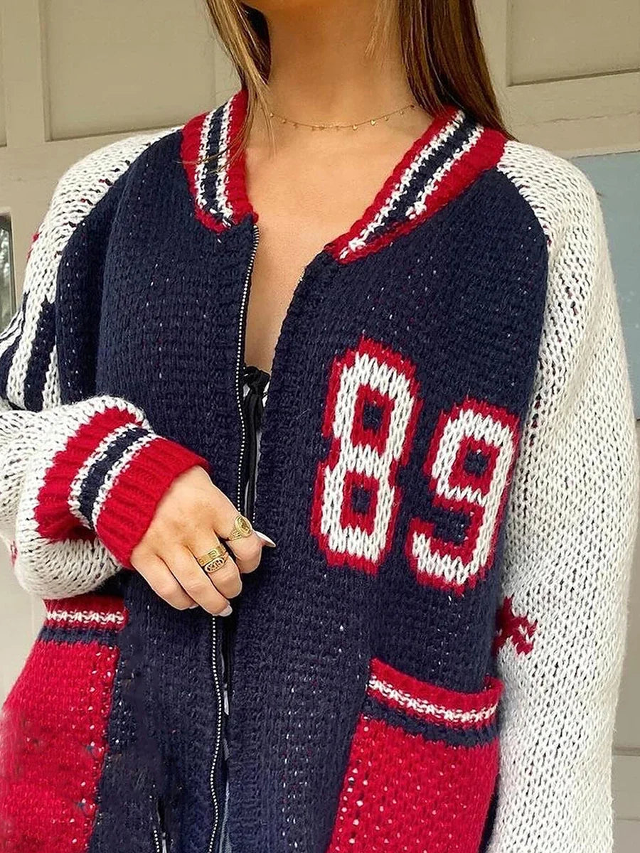 Knitted Zip Up Varsity Jacket Sweater — vista completa