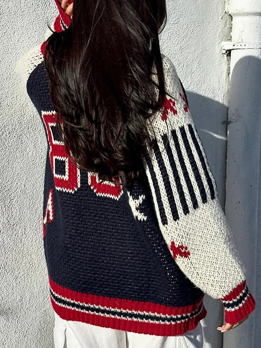 Knitted Zip Up Varsity Jacket Sweater — vista posteriore