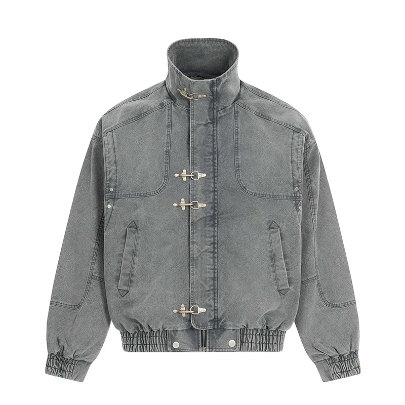 Lapel Airplane Buckle Denim Jacket — vista frontale