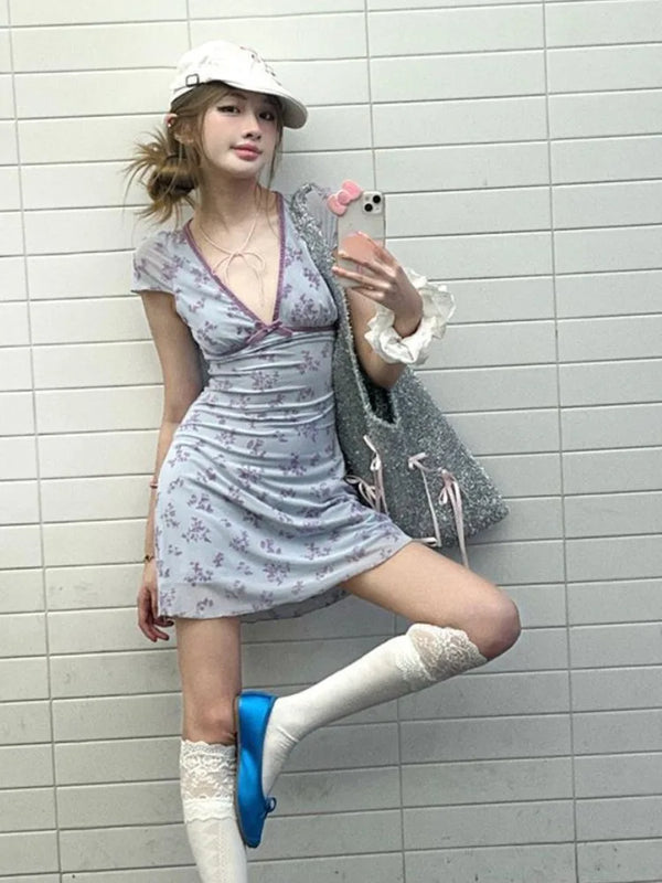 Y2K Lavender V Neck Floral Mini Dress