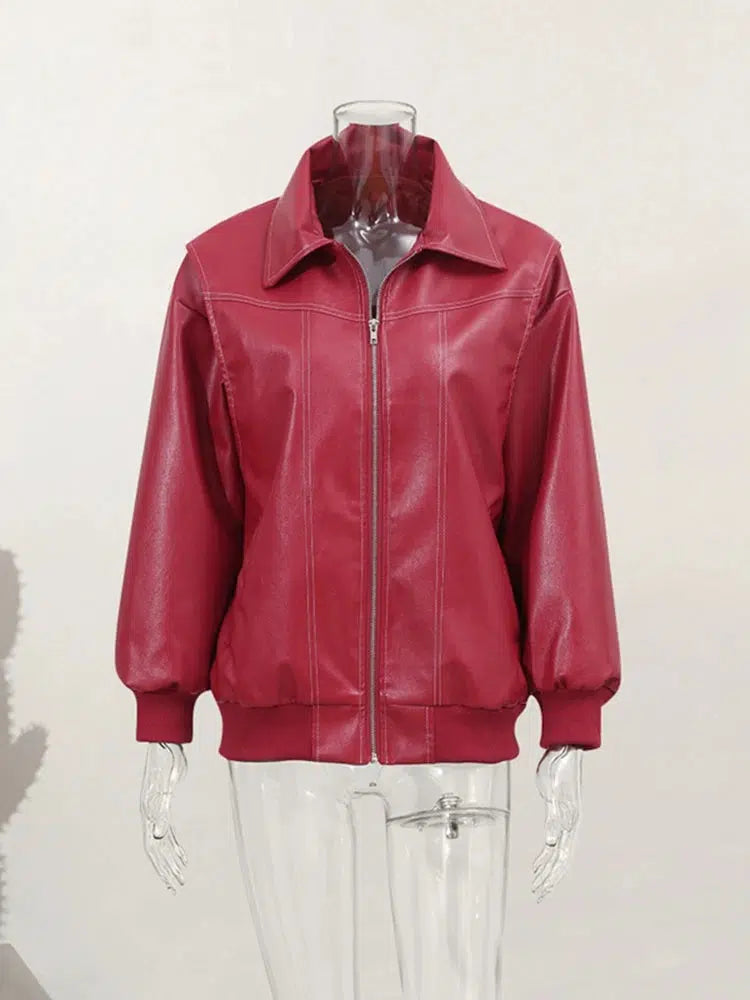 Leather Bomber Jacket Red — vista laterale