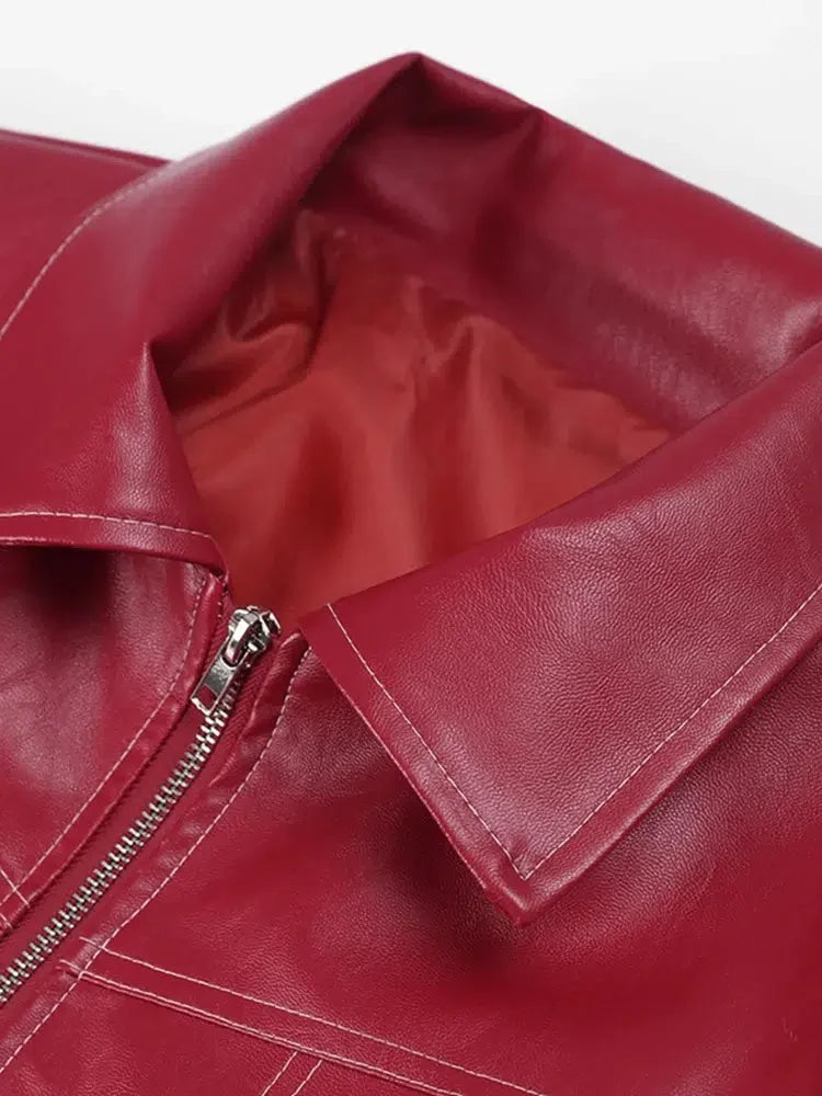 Leather Bomber Jacket Red — dettaglio del tessuto