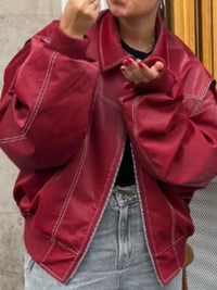 Leather Bomber Jacket Red — vista frontale