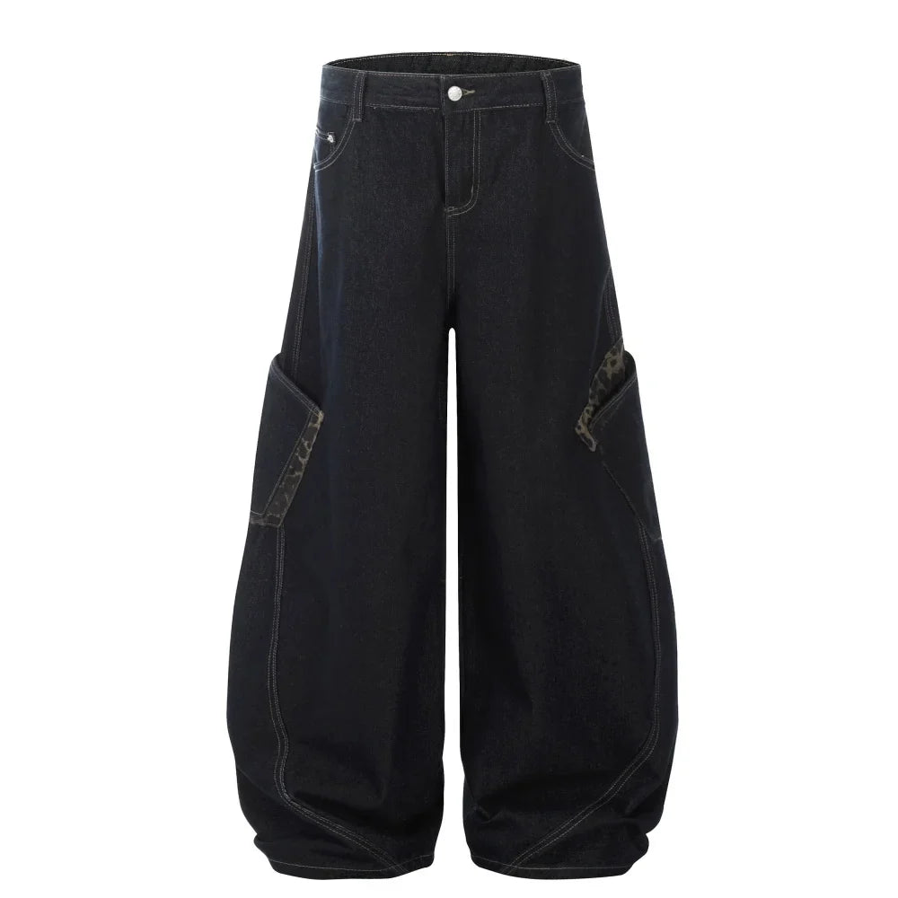 Leopard Patchwork Pocket Baggy Denim Curved Barrel Jeans — vista frontale