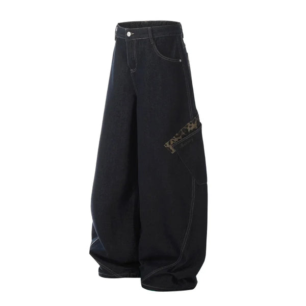 Y2K Leopard Patchwork Pocket Baggy Denim Curved Barrel Jeans