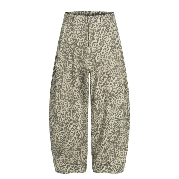 Leopard Print Baggy Denim Curved Barrel Jeans — vista frontale