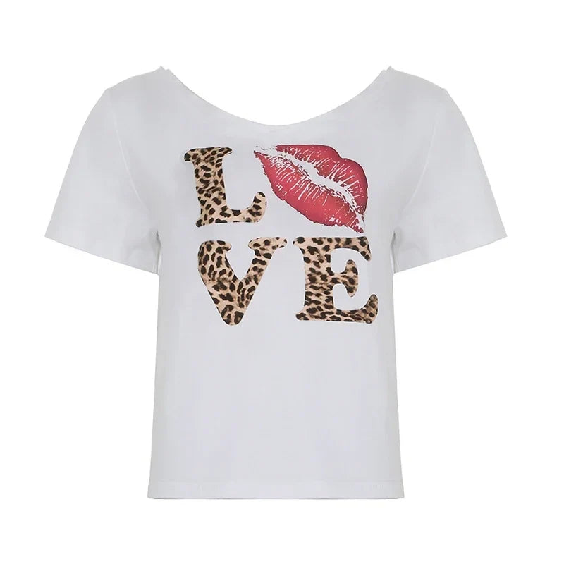 Leopard Print Love Graphic Off Shoulder Crop Top — vista posteriore