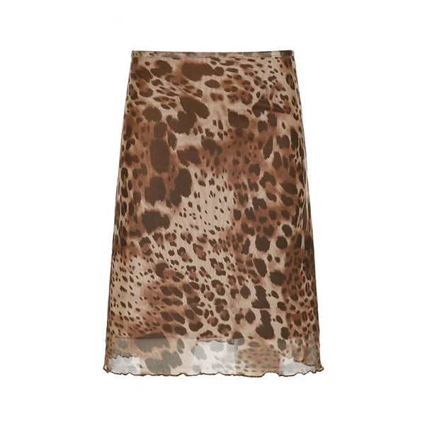 Leopard Print Mesh Flowy Midi Skirt — vista frontale