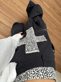 Leopard Print Patchwork Cross Double Waist Baggy Barrel Jeans — dettaglio