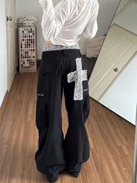 Leopard Print Patchwork Cross Double Waist Baggy Barrel Jeans — dettaglio della stampa